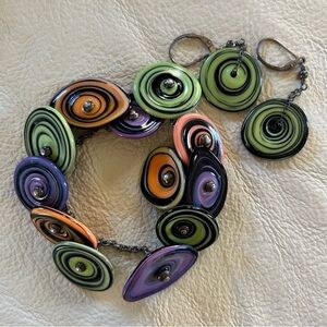 Hand Made Multi Colored Glass Button Bead OOAK 7.25” Bracelet and Earring Set